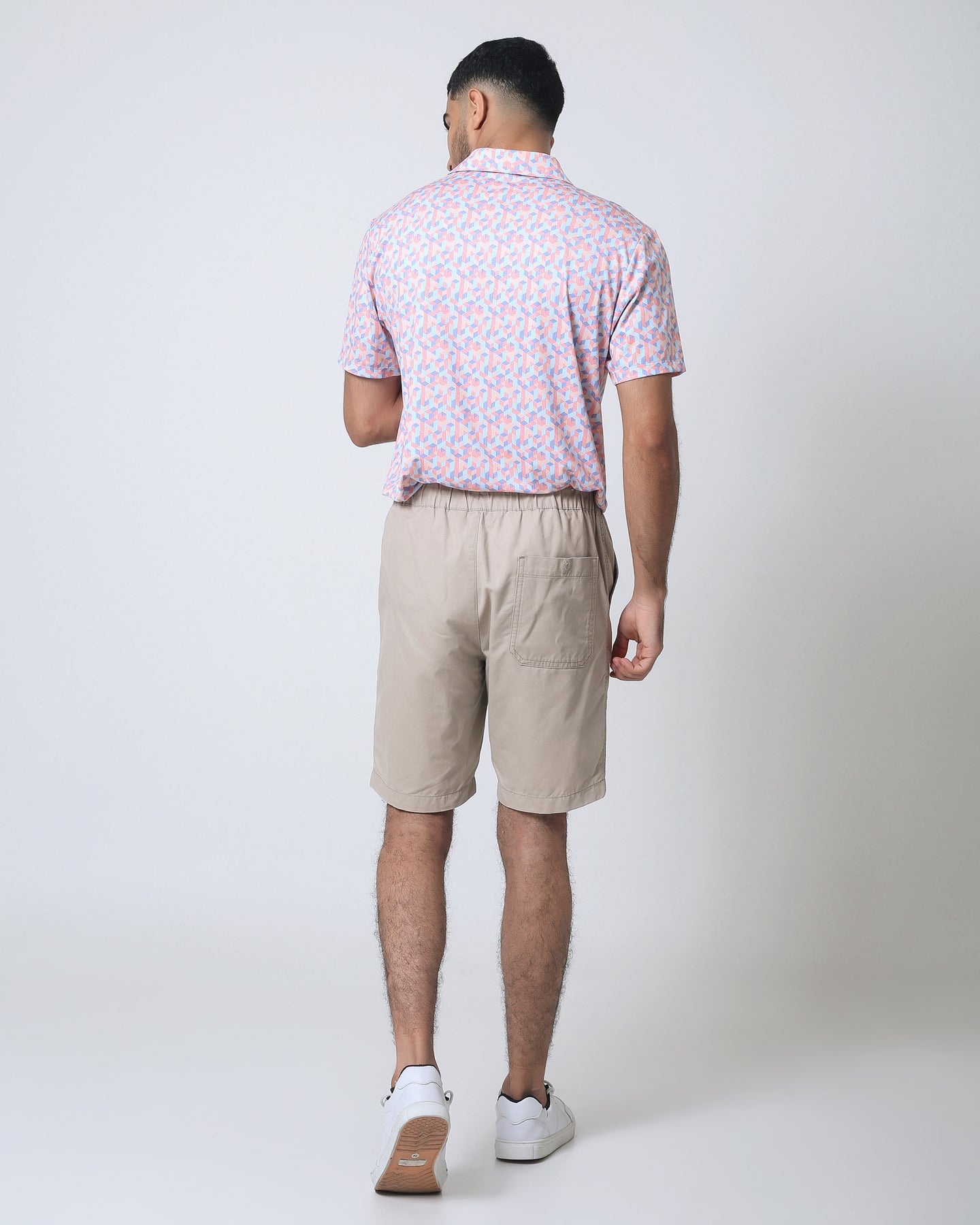 Quieti Performance Regular Fit, Orange Geo Printed Knit, 3 button Short Sleeve Polo